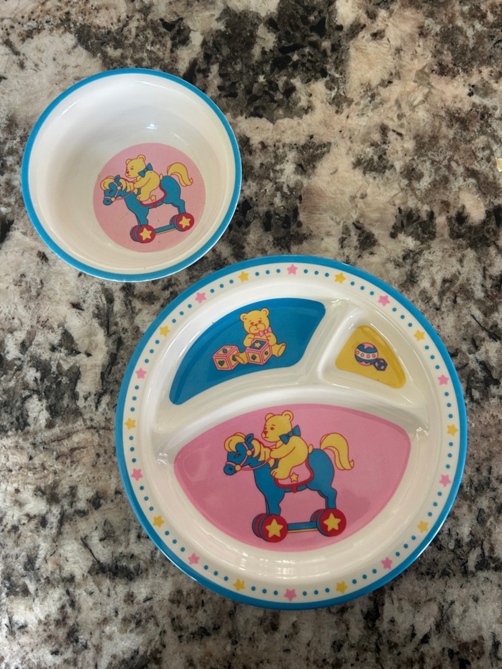 Kids Sectioned Plate and Bowl Set - Blue, Pink, Yellow